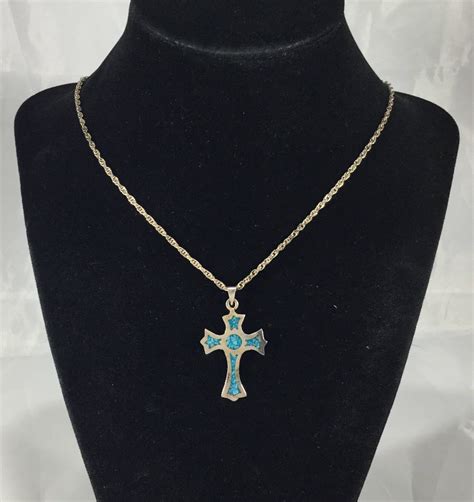 Vintage Sterling Silver Turquoise Inlaid Cross Pendant With Etsy