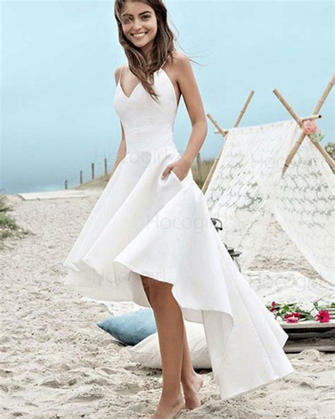 Spaghetti Straps High Low White Satin Beach Wedding Dress With Pockets
