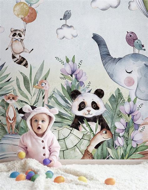 Jungle Tropical Wallpaper For Children With Animals Kids Etsy Uk