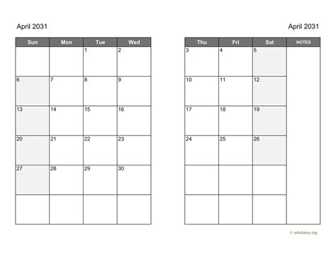 April 2031 Calendar On Two Pages