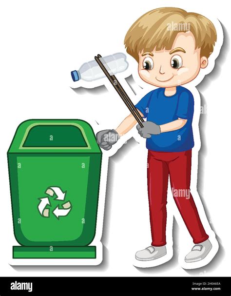 Sticker Design With A Boy Collecting Garbage Illustration Stock Vector