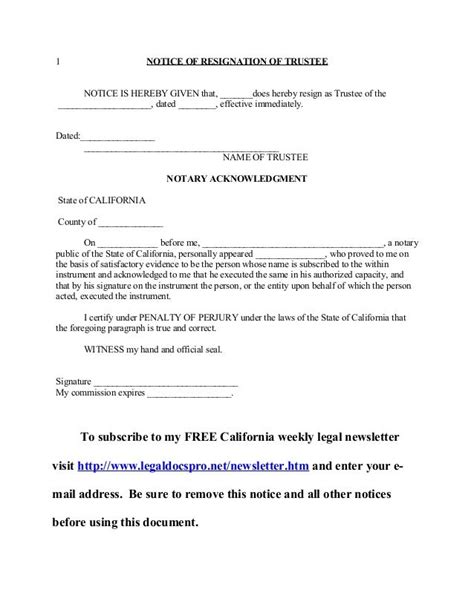 California Notice Of Resignation Of Trustee