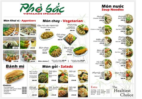 Menu Pho Bac Vietnamese Specialties