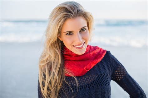 Cheerful Gorgeous Blonde With Red Scarf Posing Stock Photo Image Of Shore Fashion