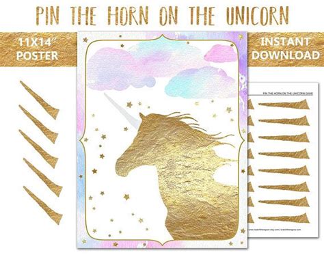Pin The Horn On The Unicorn Party Game Printable 11x14 Inch Unicorn