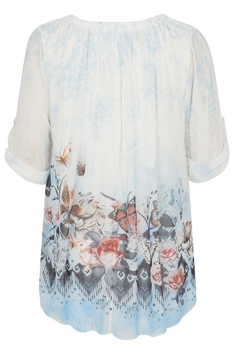 Paprika White And Blue Butterfly Embellished Chiffon Blouse Plus Size 22 To 26