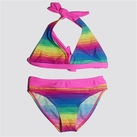 New Girl Rainbow Color Bathing Suit Girls Tight Elastic Stripe Swimwear