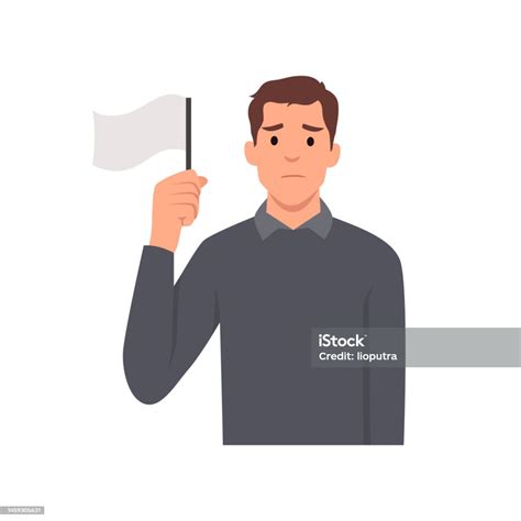 Young Man Holds White Flag Of Surrender Flat Vector Illustration