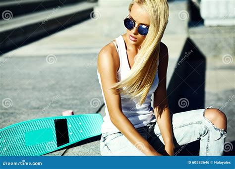 Beautiful Young Blond Model Girl In Summer Hipster Clothes With