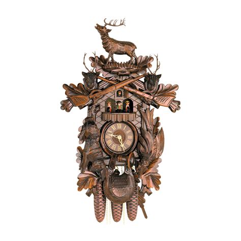 Carved 8 Day Hunting Style Musical Cuckoo Clock With Large Stag Mount