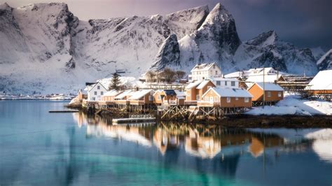 Sea Mountains Snow House Town Reflection Lofoten Islands Norway