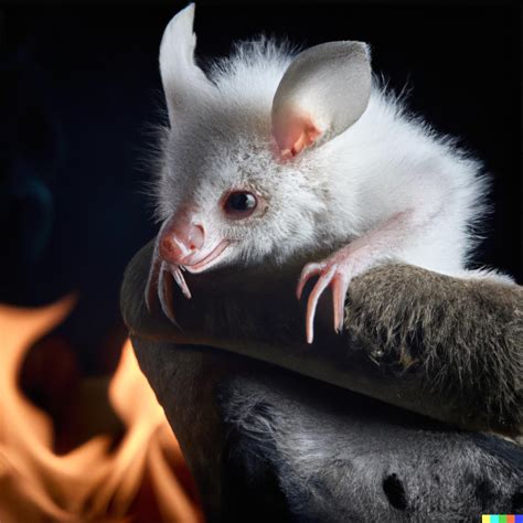 Fluffy White Baby Bat Sitting At A Campfire Studio Portrait Rdalle2