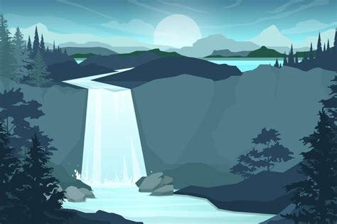 山脈の滝。岩と水。池と湖。自然の風景。漫画フラットイラストスタイル 無料のベクター