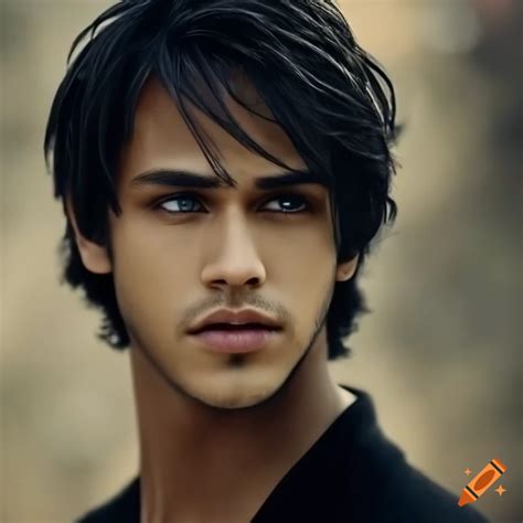 Portrait Of A Handsome Biracial Man With Blue Eyes And Long Black Hair