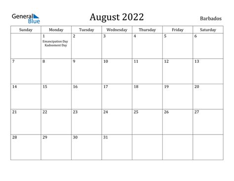 Barbados August 2022 Calendar With Holidays