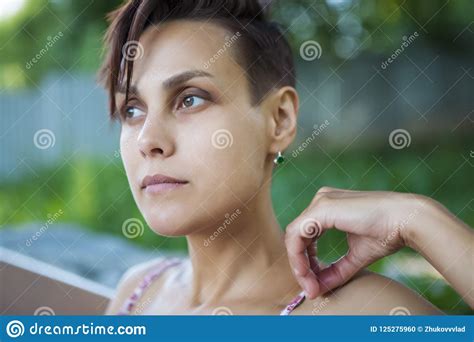 Brunette With Short Hair Stock Photo Image Of Close 125275960