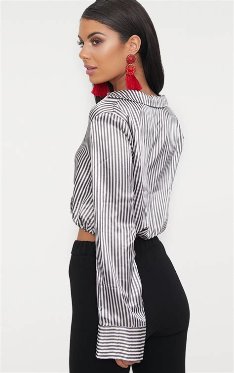 black white stripe satin pinstripe crop shirt prettylittlething ksa