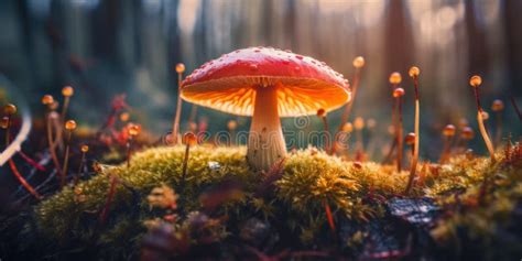 A Mushroom Sitting On Top Of A Lush Green Forest Ai Generative Image