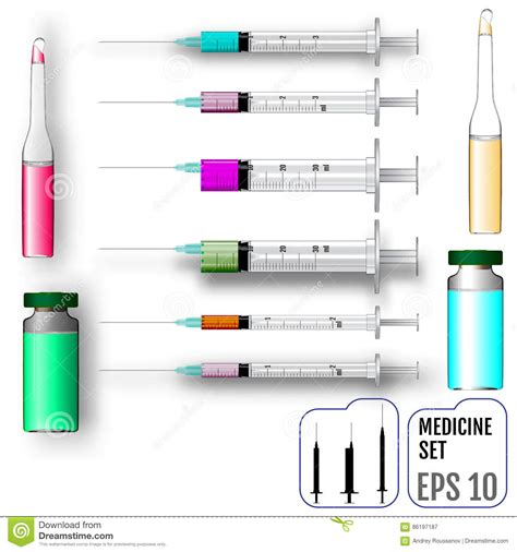 Medicine Set. Realistic Syringes, Ampoules And Jars With Vaccine Stock ...