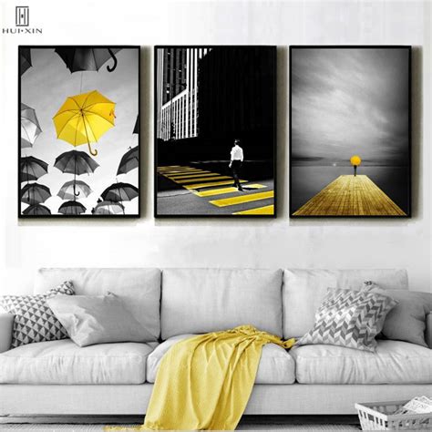 Modern Black And Yellow Paintings Umbrellas Scatter In Sky