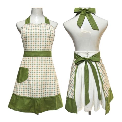Cute Lovely Unique Design Women Girls Ladies Retro Apron With Chic Pocket For Cooking Kitchen Green