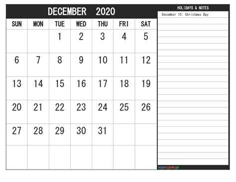 December 2020 Calendar With Holidays Free Printable