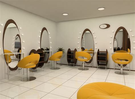 Futuristic Yellow Chairs And Wood Shelves Stand Out Against The White Walls And Tile Floor