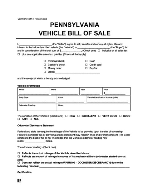 Pennsylvania Bill Of Sale Forms Pdf And Word