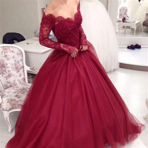 Princess Red Ball Gown Evening Dresses 2017 Formal Long Sleeve