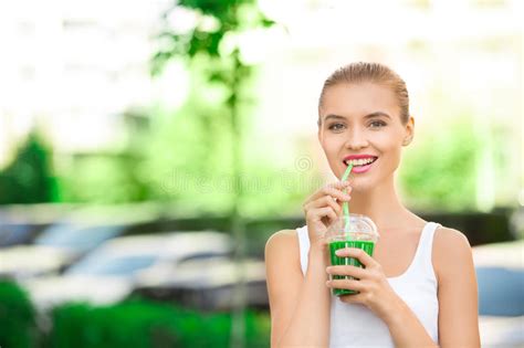 Young Woman Drink Smoothie Healthy Detox Outdoors Stock Image Image Of Nutrition Healthy