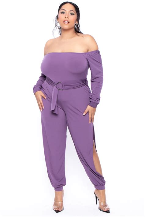 Plus Size Off The Shoulder Jumpsuit Dusty Purple In 2020 Plus Size Trendy Plus Size