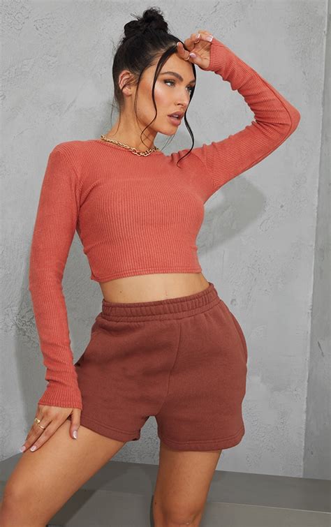 Rust Brushed Rib High Neck Backless Tie Crop Top Prettylittlething Ksa