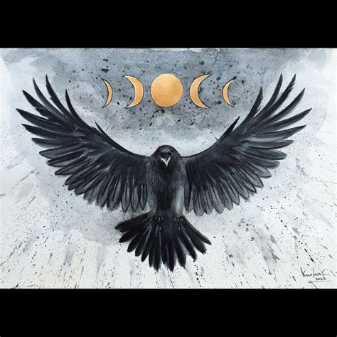 Black Raven And Golden Moon Phases Art Print Flying Raven Etsy Moon