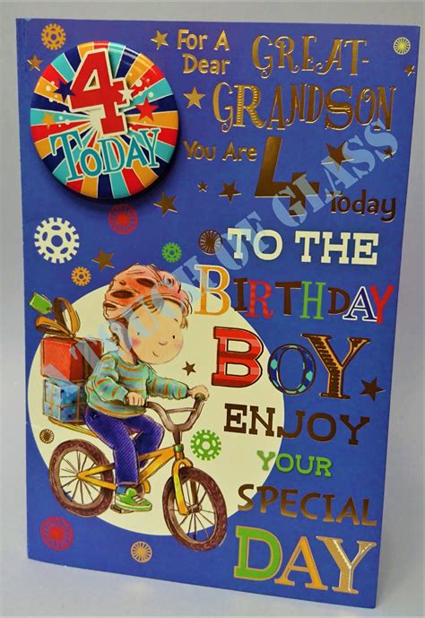 Great grandson birthday card colour insert happy birthday great grandson. Great Grandson 4th Birthday Badge Card - Candy Club - Greetings Cards