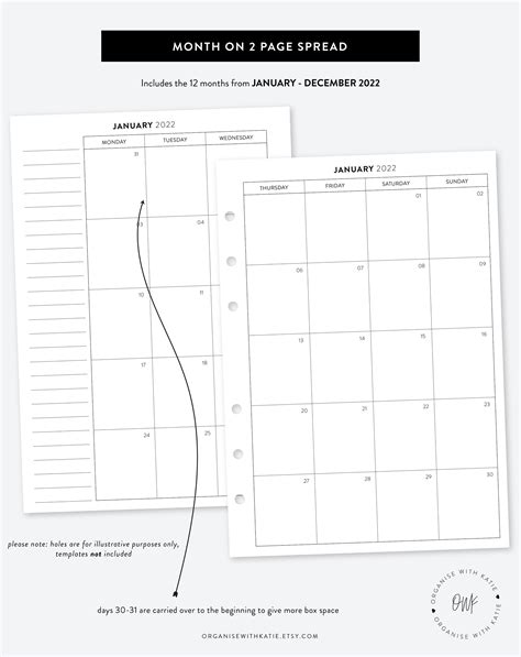 A5 2022 Monthly Planner Printable Month On 2 Pages Calendar Etsy