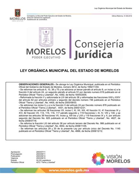 Ley Orgánica Municipal Del Estado De Morelos