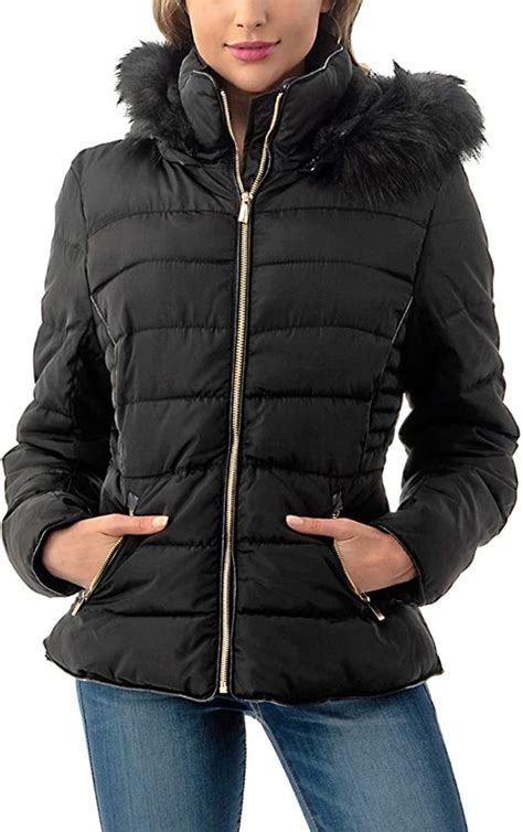 Fashionazzle Womens Short Puffer Coat With Removable Faux Fur Trim