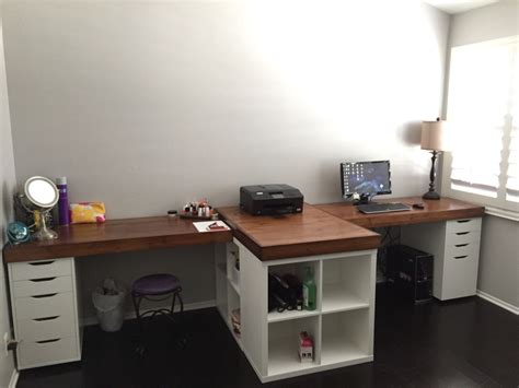 Looking for a new desk or table but canâ€™t find your perfect fit? His and hers desk IKEA hack. IKEA base cabinets with ...