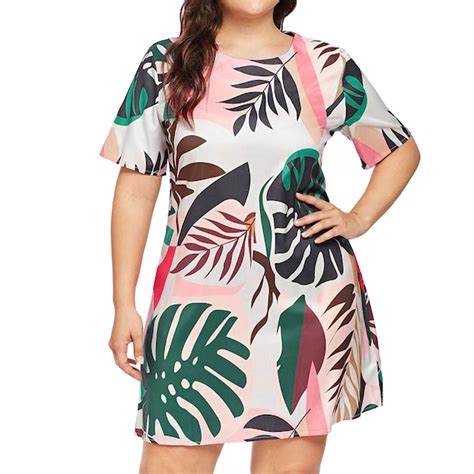 Buy Fashion Women Sexy Plus Size Leaves Print Short Sleeve O Neck Loose Dress At Affordable