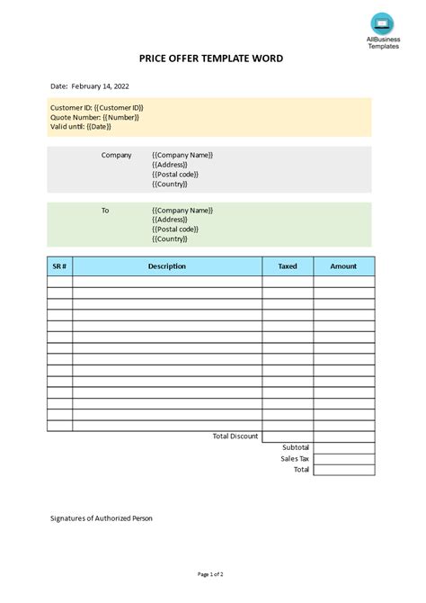 Kostenloses Price Offer Template Word