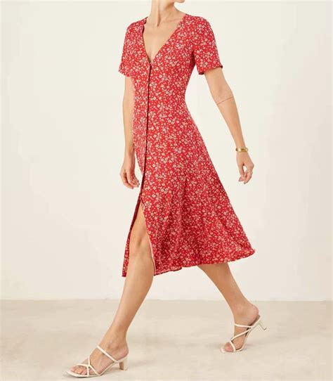 Fashion 2019 Summer Women Red Floral Print Midi Dress V Neck Short