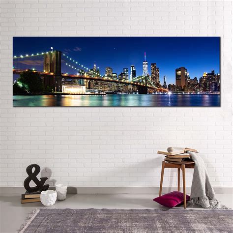 Nyc Cityscape Canvas Wall Art Manhattan Blue Sky Brooklyn Bridge