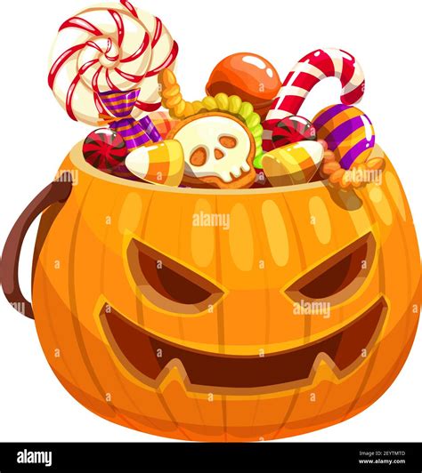 Halloween Pumpkin Basket Full Of Candies And Treats Isolated Vector Jack O Lantern Bag With