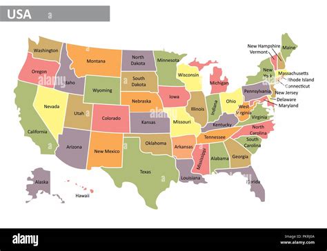 Colorful Map Of The United States Of America With States Identified