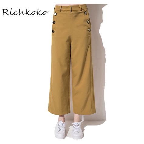 richkoko new fashion high waist women pants autumn button basic wide leg long pants solid yellow