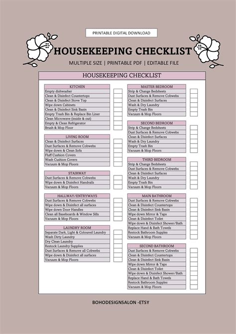 Housekeeping Checklist Printable Template Editable File Etsy