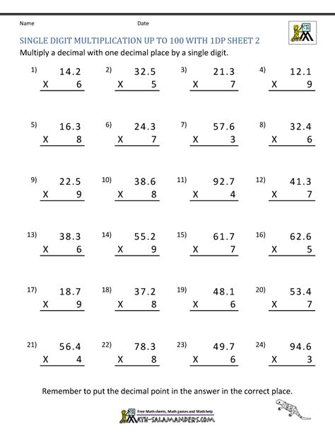 5th grade multiplying decimals worksheets, including multiplying decimals by decimals, multiplying decimals by whole numbers, missing factor problems, multiplying by 10, 100 or 1,000 and multiplication in columns with decimals. Decimal Multiplication Worksheets 5th Grade
