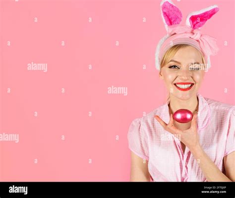 Happy Easter Winking Girl Hunts For Easter Eggs Smiling Woman In