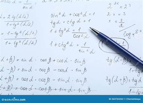 Sheet Of Paper With Different Mathematical Formulas And Pen Top View