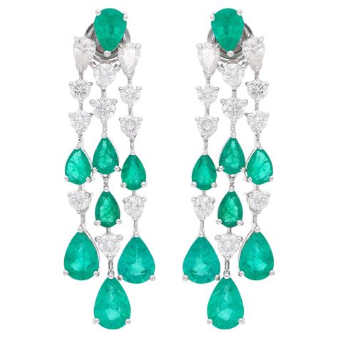 Pear Zambian Emerald Gemstone Chandelier Earrings Diamond 18 Karat